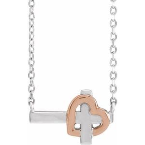 The Karis Necklace - 14K White/Rose Gold Sideways Cross & Heart 18" Necklace