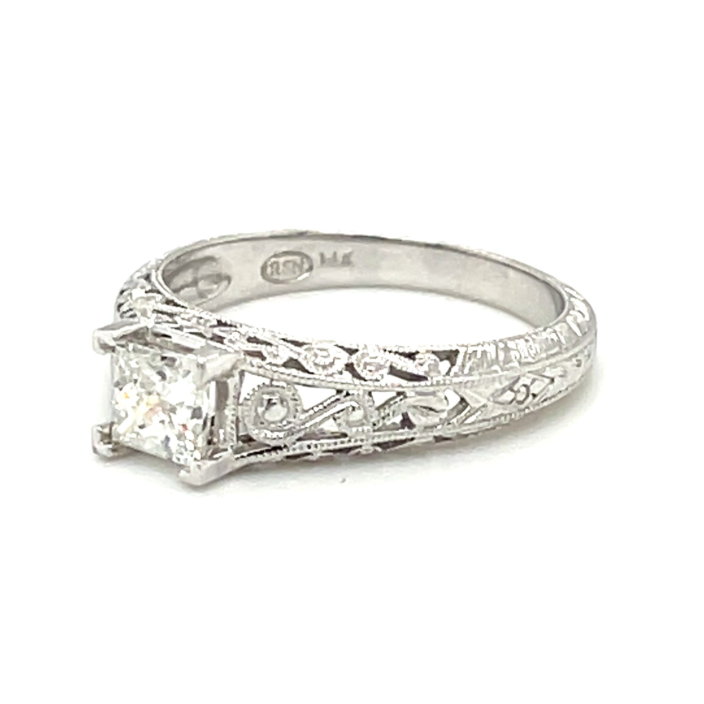 Princess Diamond Engagement Estate Ring with Vintage Filigree Design in 14-Karat White Gold