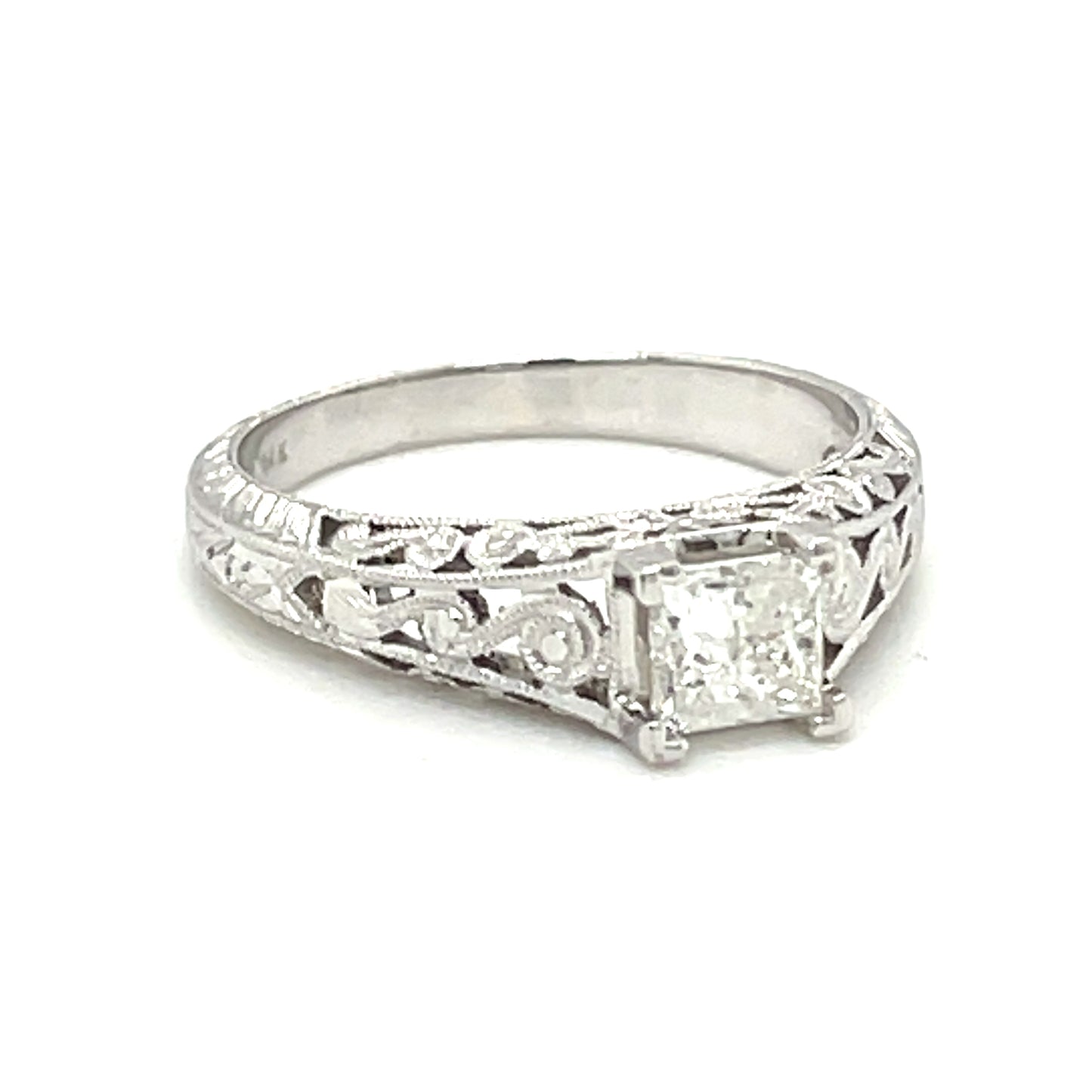 Princess Diamond Engagement Estate Ring with Vintage Filigree Design in 14-Karat White Gold