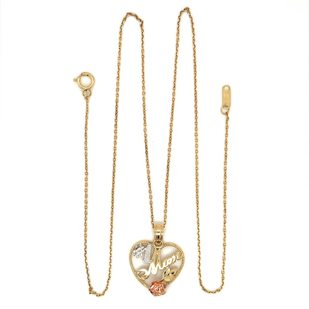 "#1 Mom" Heart Estate Necklace in 14-Karat Tri-Color Gold