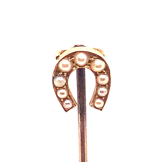 Seed-Pearl Horseshoe Stick Estate Pin in 14-Karat Yellow Gold