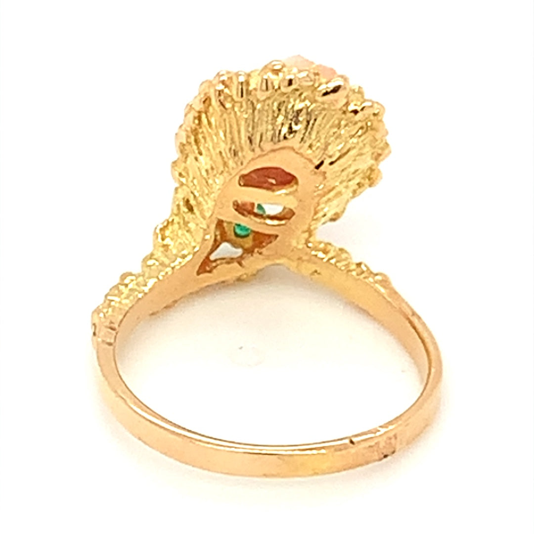 Coral Flower Estate Ring with Emeralds and Diamond in 18-Karat Yellow Gold
