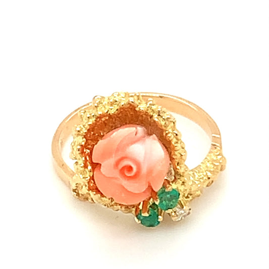 Coral Flower Estate Ring with Emeralds and Diamond in 18-Karat Yellow Gold