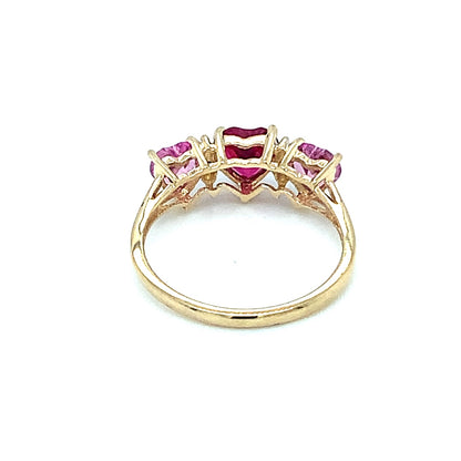 Pink Cubic Zirconia and Ruby Heart Estate Ring with Diamonds in 10-Karat Yellow Gold