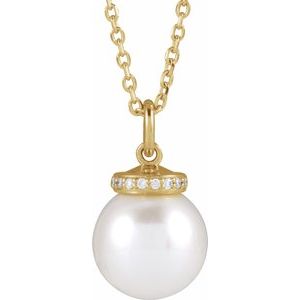 The Brianna Necklace – 14K Yellow Gold Cultured White Akoya Pearl & .04 CTW Natural Diamond 16-18" Necklace