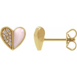 The Elyse Earrings - 14K Yellow Gold 1/10 Natural Diamond & Pink Enamel Heart Earrings