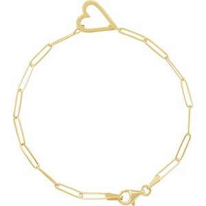 The Cindy Bracelet – 14K Yellow Gold Heart & Paperclip-Style Chain 7" Bracelet