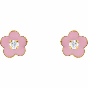The Joan Earrings - 14K Yellow Gold 2 mm Imitation White Cubic Zirconia & Pink Enamel Flower Youth Earrings
