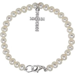 The Tristen Bracelet – Sterling Silver Cultured White Freshwater Pearl & Imitation White Cubic Zirconia Cross 5.5" Bracelet