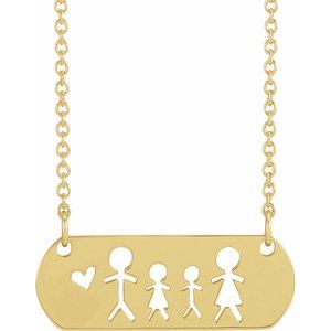 The Kristal Necklace - 14K Yellow Gold Father, Daughter, Son, & Mother Stick Figure Family 18" Necklace