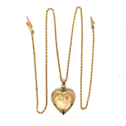 "Mom" Heart Locket Estate Necklace in 14-Karat Yellow Gold