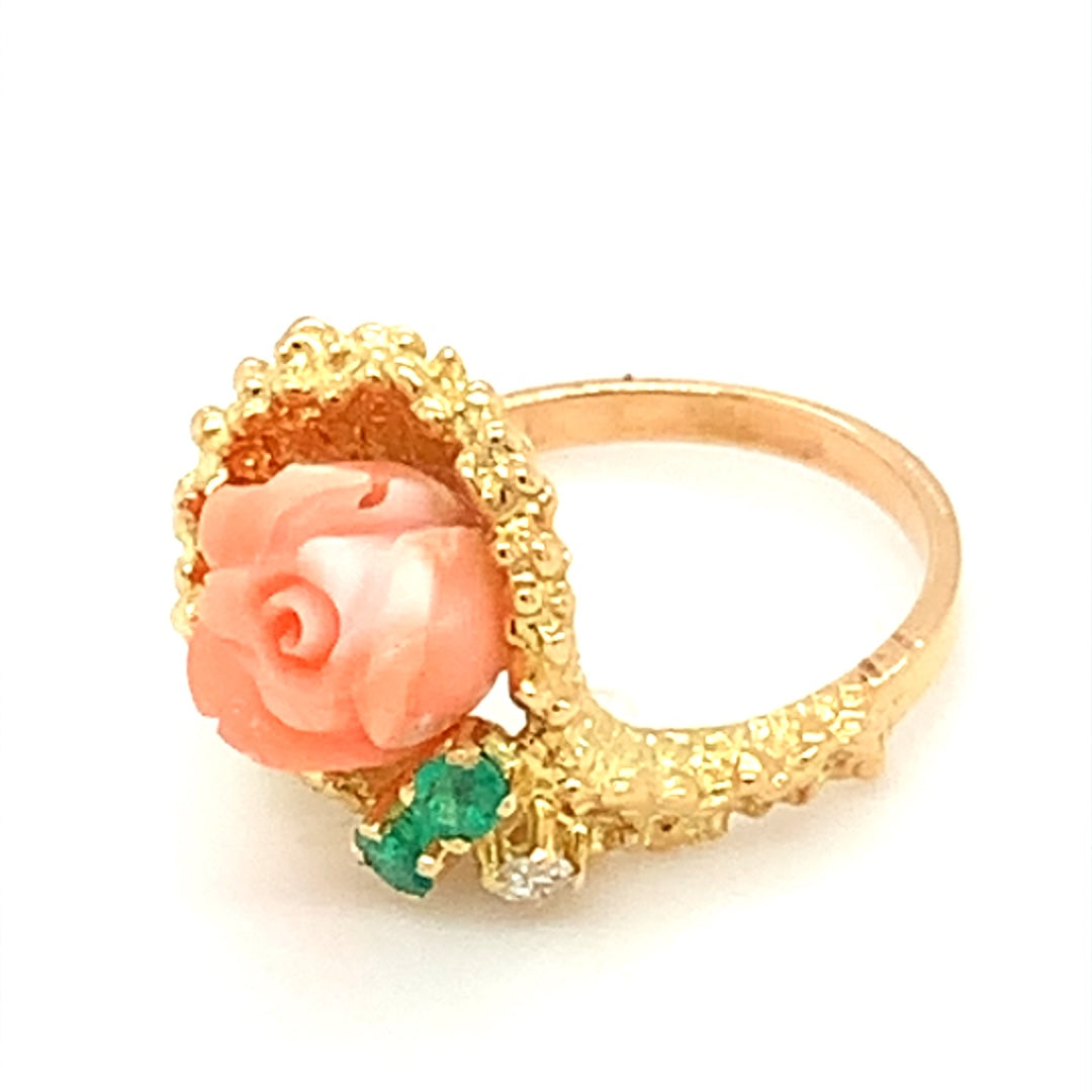 18-karat Yellow Gold Carved Coral, Emerald, and Diamond Ring