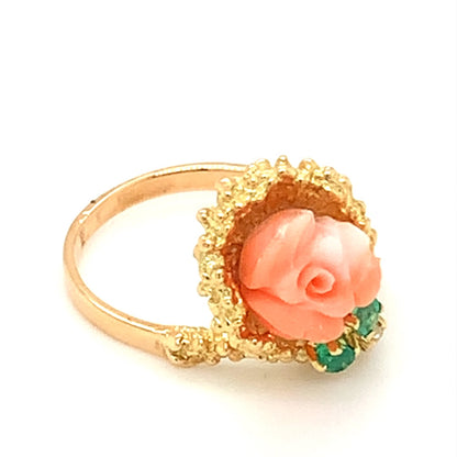 18-karat Yellow Gold Carved Coral, Emerald, and Diamond Ring