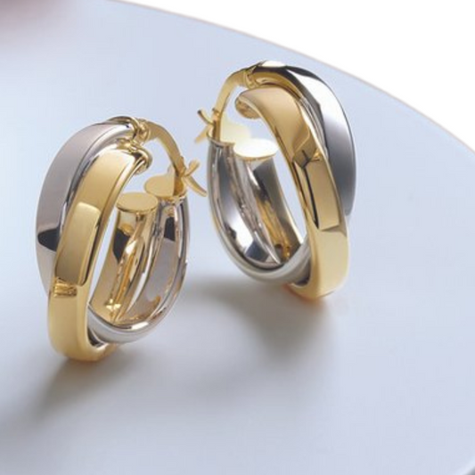 The Patty Earrings - 14K Yellow/White Gold Double Tube 13 mm Hoop Earrings