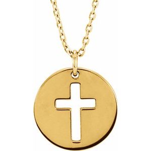 The Marie Necklace – 14K Yellow Gold Pierced Cross Disc 16-18" Necklace